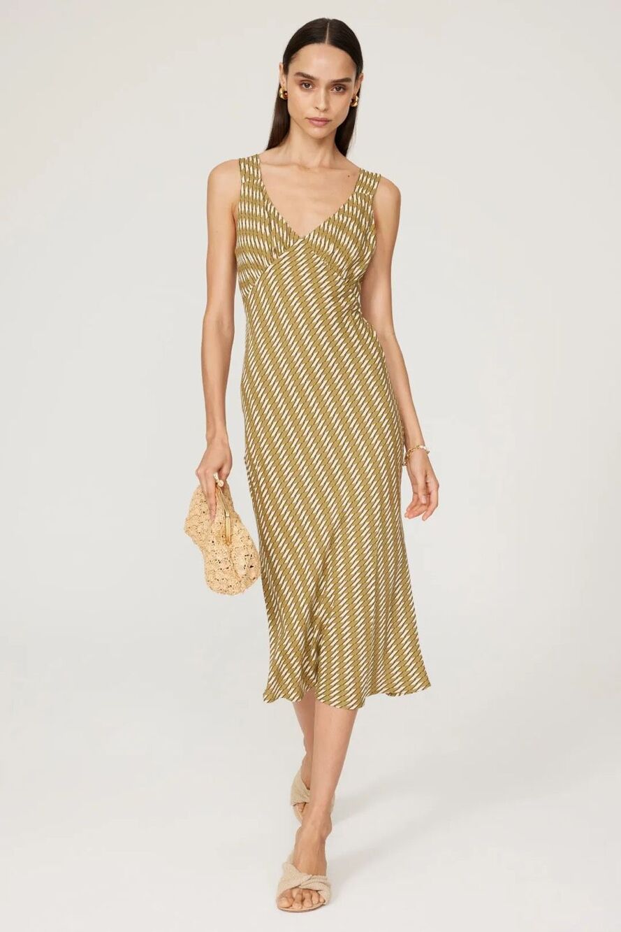 Reformation Beauden Midi Slip Dress in Geometric Olive Green XS